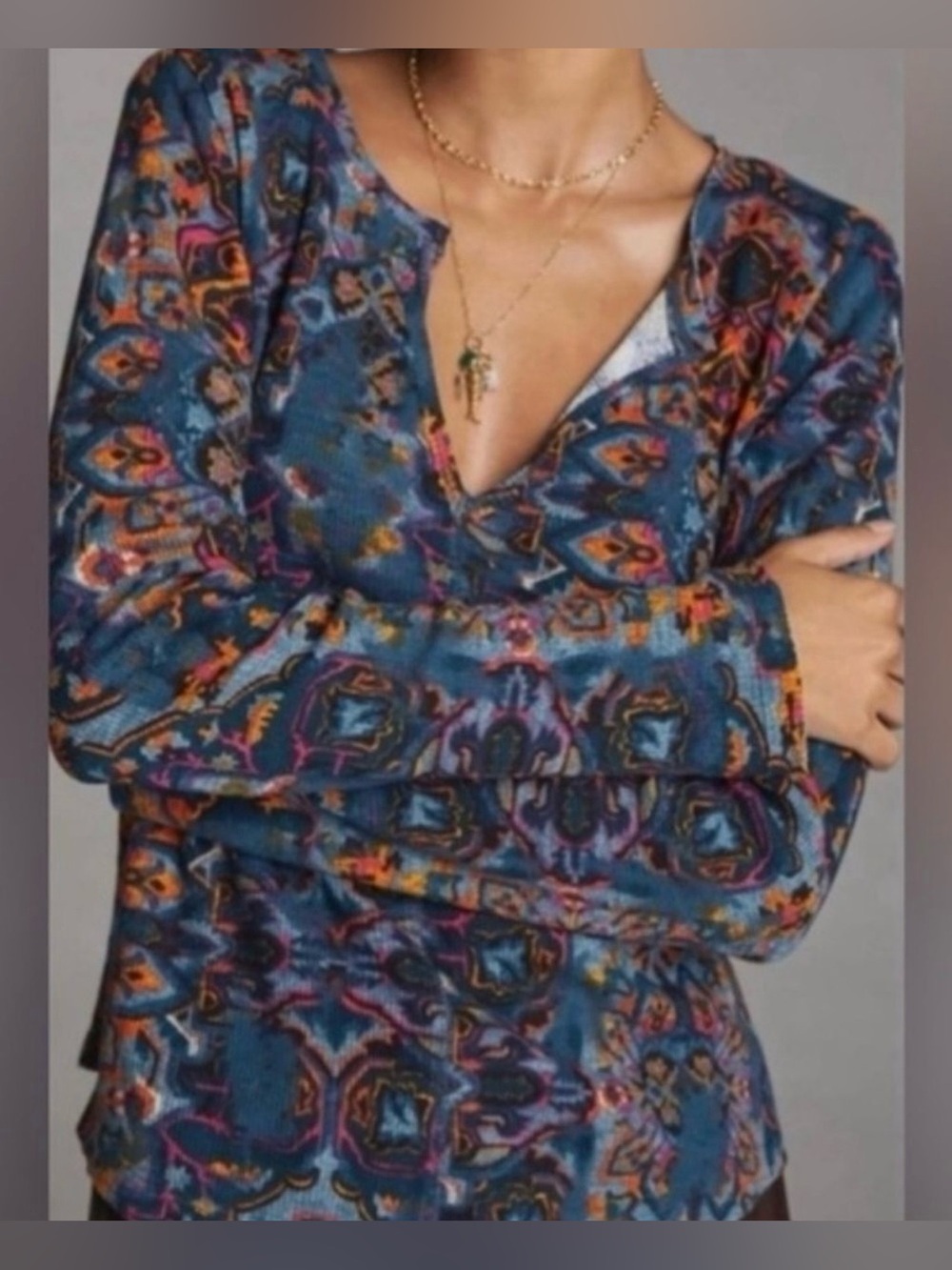Pilcro Anthropologie Blue Boho Print Long Sleeve Top Size L